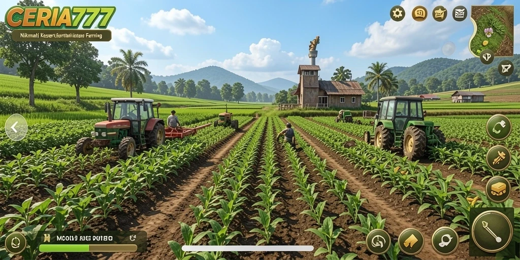 Screenshot utama CERIA777 menampilkan petani yang sedang merawat tanaman.